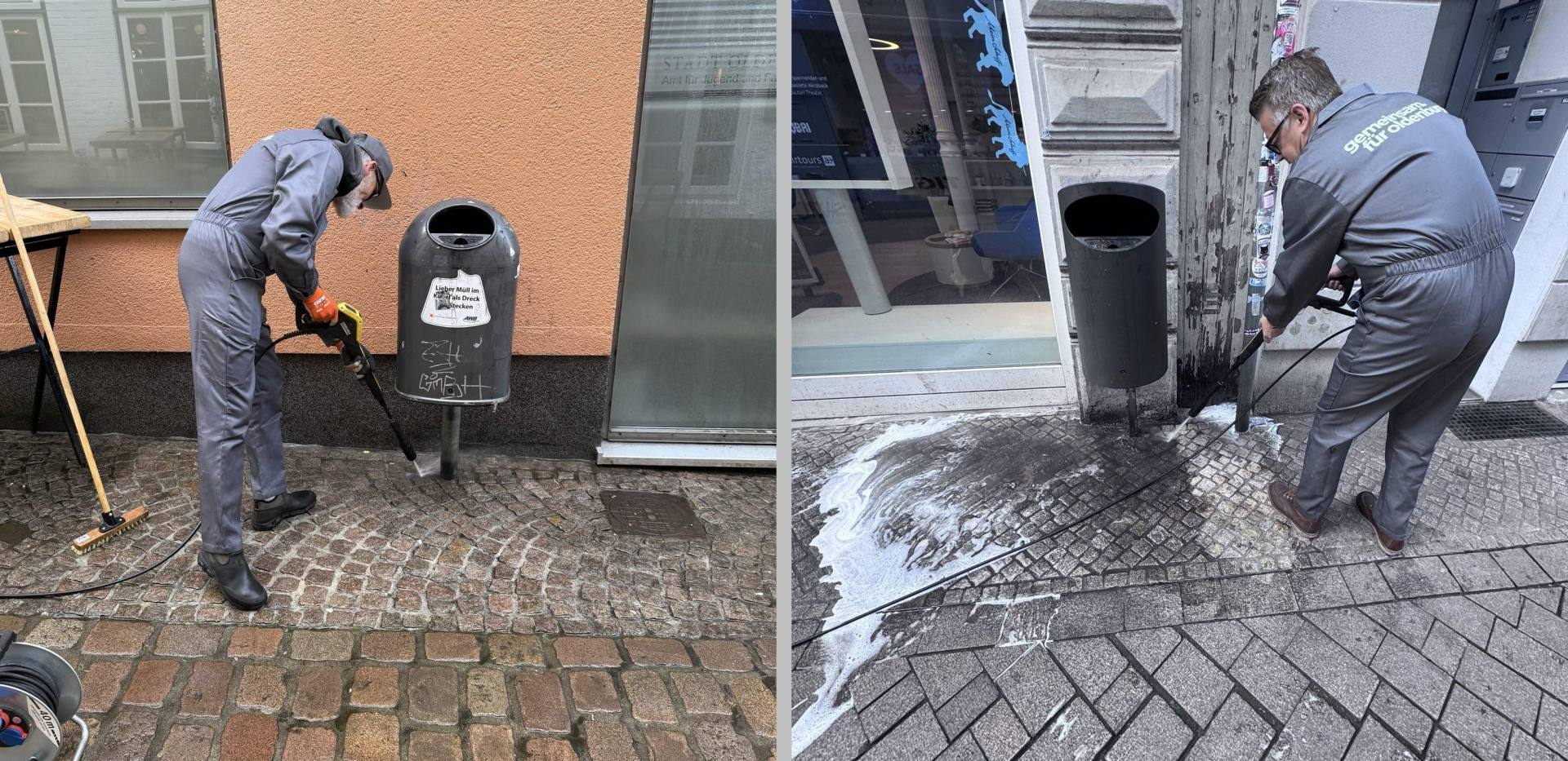 Links Stefan Dieker und rechts Christoph Baak vom Vorstand des Vereins und beim Reinigen des Pflasters.