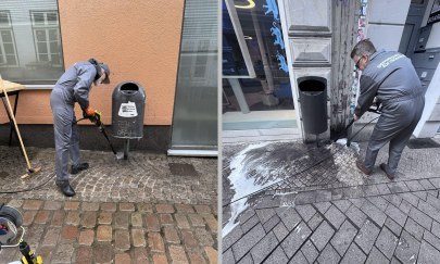 Links Stefan Dieker und rechts Christoph Baak vom Vorstand des Vereins und beim Reinigen des Pflasters.